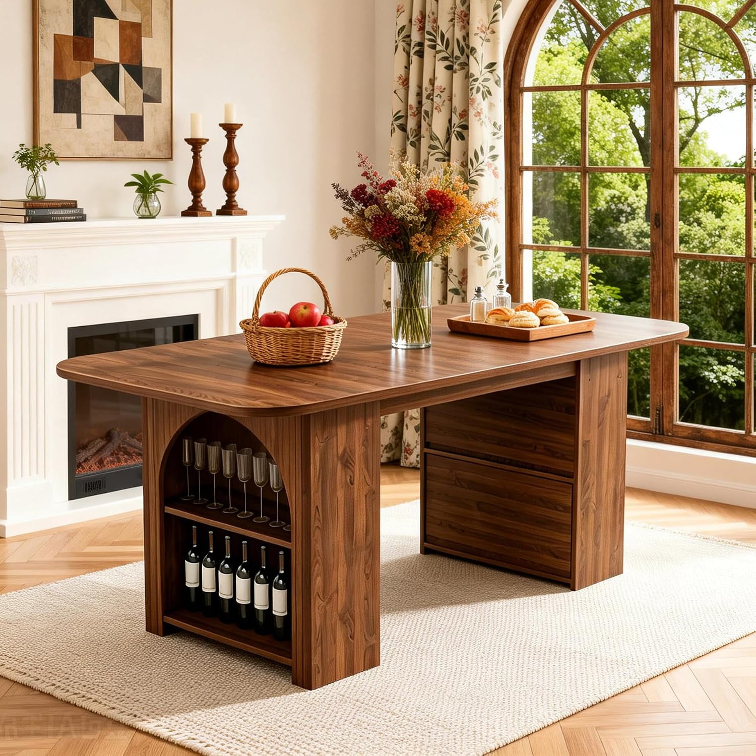 70.9in Mid-Century Dining Table with Drawer & Open Storage Base Wood Farmhouse Kitchen Table for 4-6 Long Rectangular Dining Room Tables for Big Family Gathering Walnut