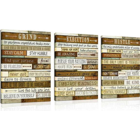 Motivational Wall-Decor - Brown Inspirational Posters - 3 Piece Canvas Wall Art For Bedroom Ready To Hang Size 12" x 16"