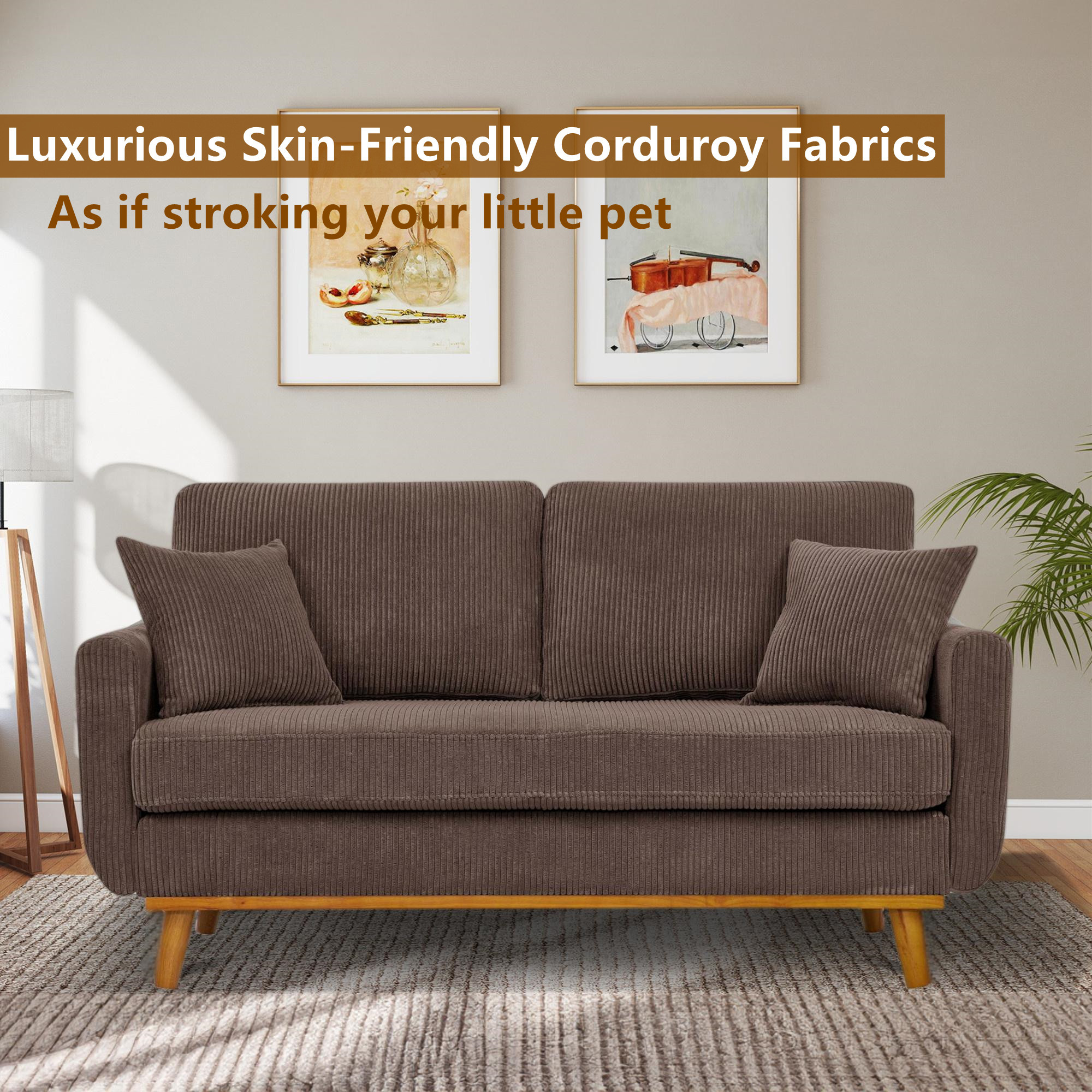 Aukfa Deep Seat Sofa Couch 65" Loveseat w/ 2 Pillows for Living Room Bedroom, Corduroy, Brown