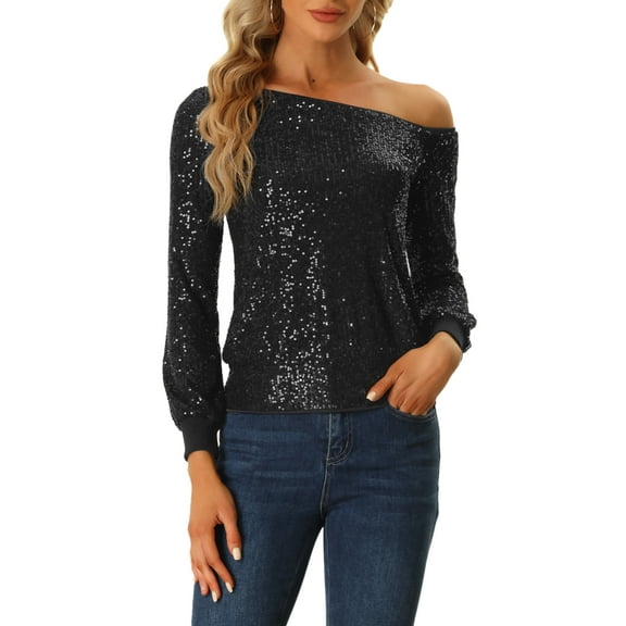 Allegra K Off Shoulder Sequins Tops for Women's Long Sleeves Disco Party Sparkle Glitter Top