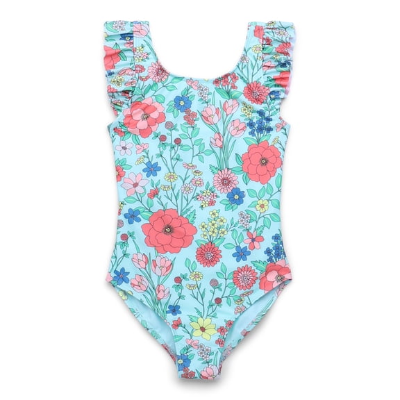 Wonder Nation Girls One Piece Swimsuit with Flutter Sleeves and UPF 50, 1-Piece, Sizes 4-18 & Plus