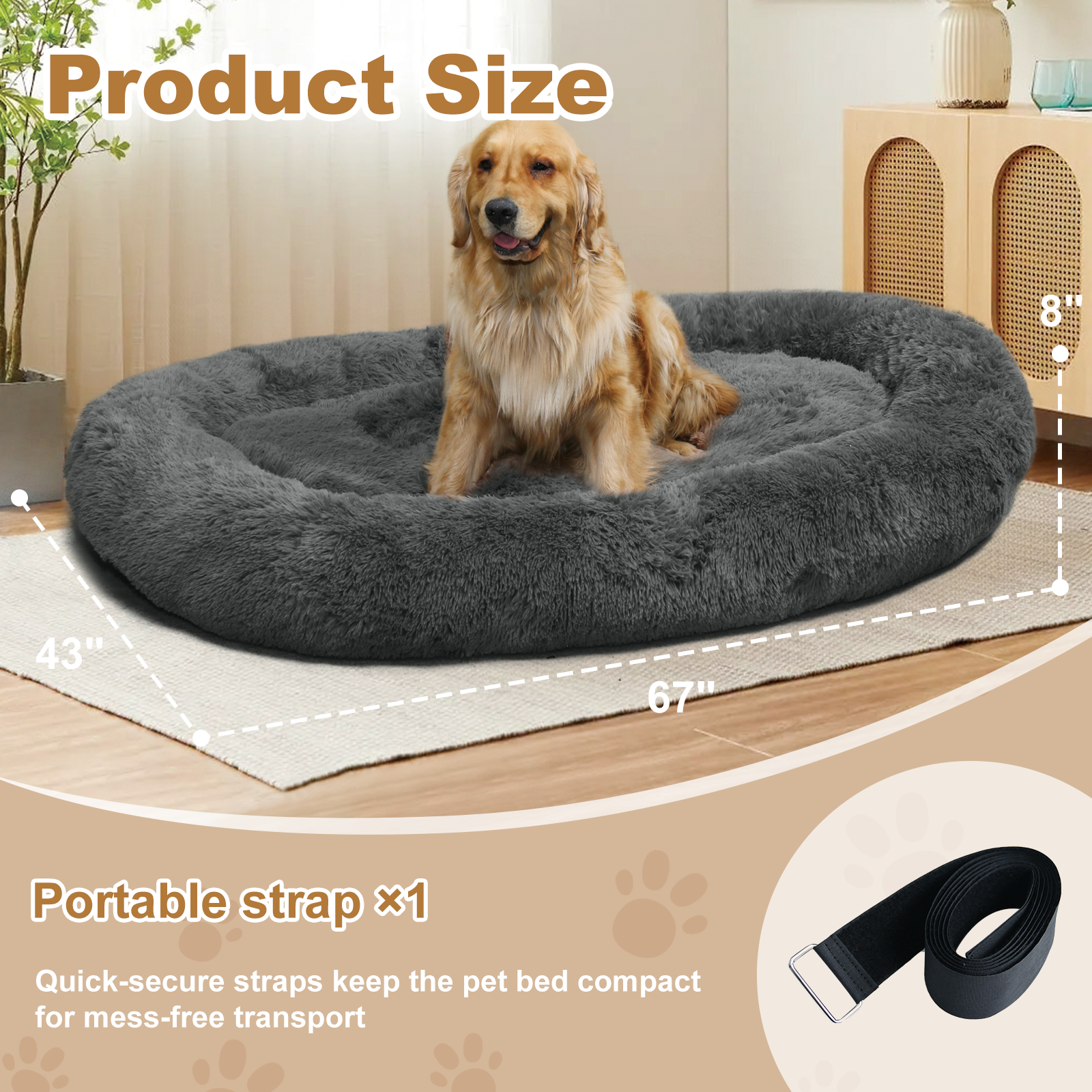 Extra Large 67" X 43" X 8" Orthopedic Pet Bed For Humans And Dogs, Plush High-Loft Mattress With Removable Handles & Non-Slip Bottom - DarkGrey