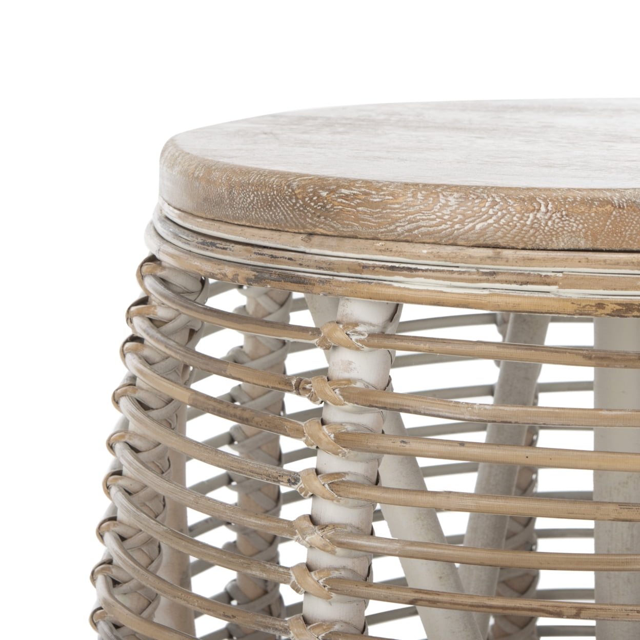 SAFAVIEH Maui Nautical Rattan Round Drum Stool Table, Grey White Wash