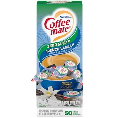 Nestle Coffee mate Coffee Creamer, Sugar Free French Vanilla, Liquid Creamer Singles, Non Dairy, No Refrigeration, Box of 50 Singles