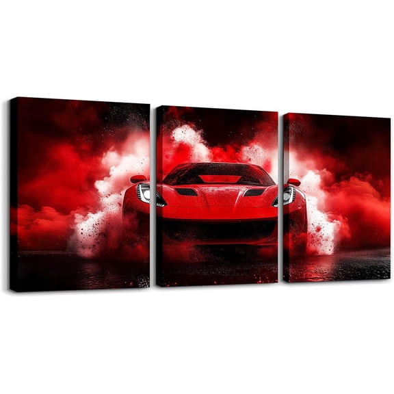Modern Race Car Wall Art Lightning Wolf Animal Canvas Wall Art Set of 3 for Kids Boys Teen Watercolor 3D Cool Racing Car Poster Prints Rainbow Extreme Sports Decor,12x16