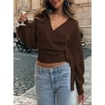 thumbnail image 5 of Women'S V Neck Wrap Sweater Long Lantern Sleeve Cinched Waist Crop Tops Fall Knitwear Brown XL, 5 of 9