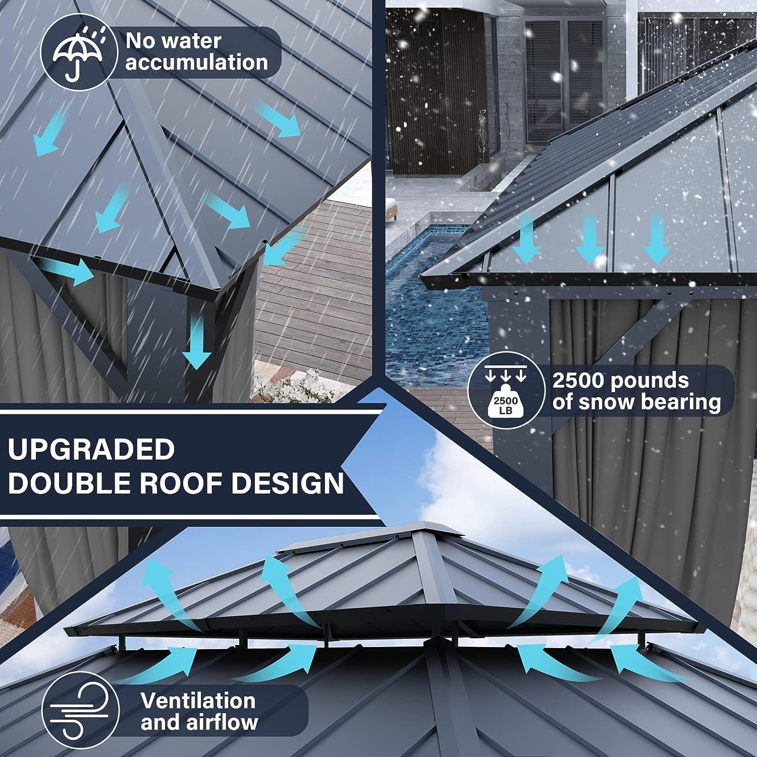 Kullavik 12'x14' Hardtop Gazebo, Outdoor Double Roof Canopy with Netting and Curtains, Galvanized Metal Frame, Sunshade for Patio, Backyard, Deck and Lawns-Gray