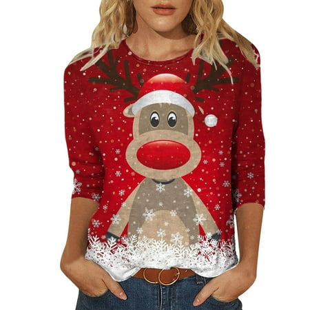 

JDEFEG T Shirts Women Large Women Daily Snowmen Christmas Print O Neck Tops Three Quarter Sleeve Round Neck Tee Shirt Printed Flower Loose Side Split Blouse Long Scrub Top Polyester Red L
