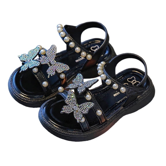 BCSIOAOI Toddler Sandals Girls,Rhinestone Butterfly Open-Toe Adjustable Pearl Strap Shoes Black 3.5-4t
