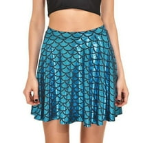 SWSMCLT Women's Fish Scale Outfits Billowy Skirt Above Knee Bunched Elastic Band Halloween Comfy Cool Casual Mermaid Light Blue 14