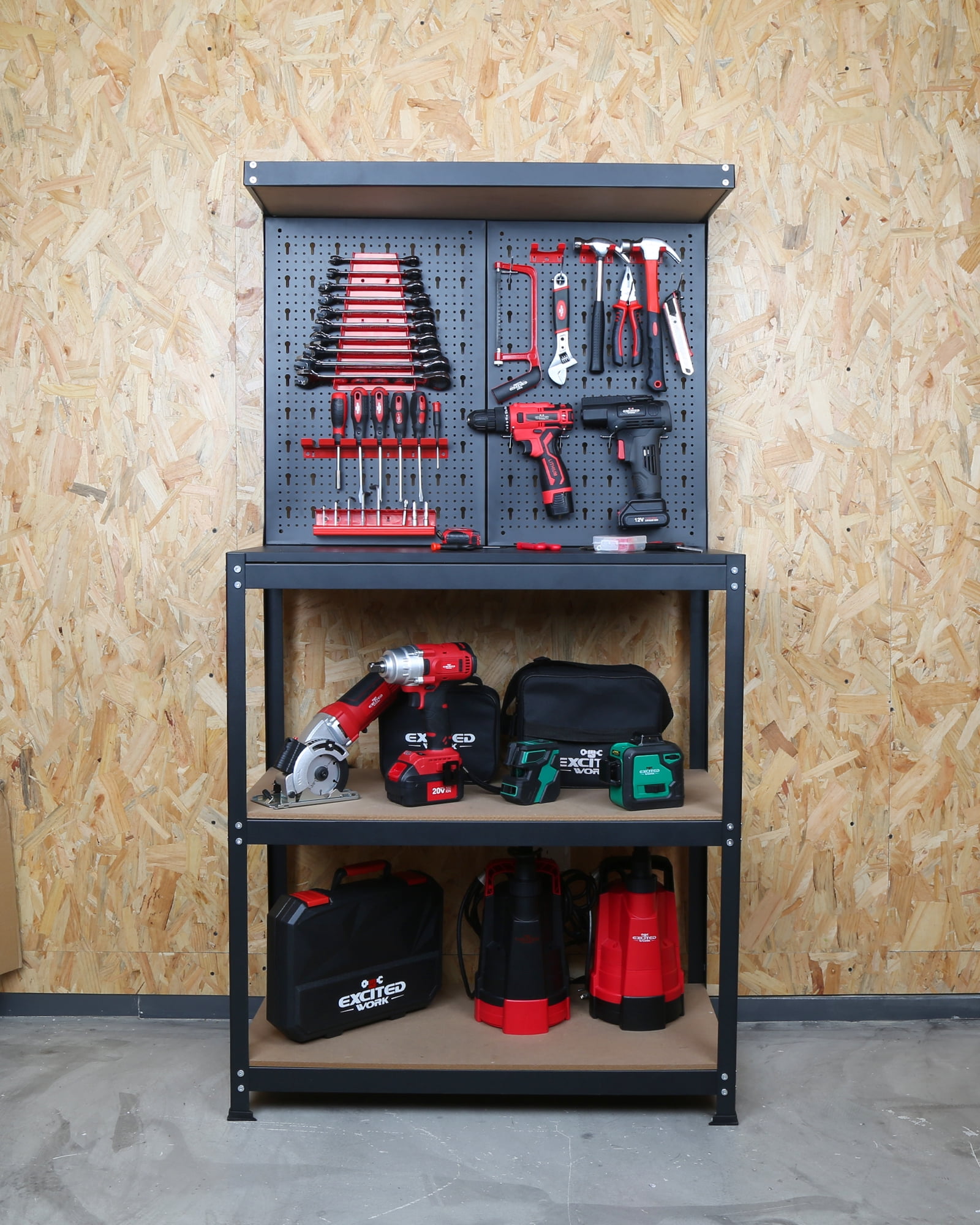 EXCITED WORK 31.5 inch Work Bench, 4 Shelf Multipurpose Garage Work Bench with Pegboard Hook Kit for Home Workshop Storage Tools and DIY Projects (H61 X W31.5 X D16)