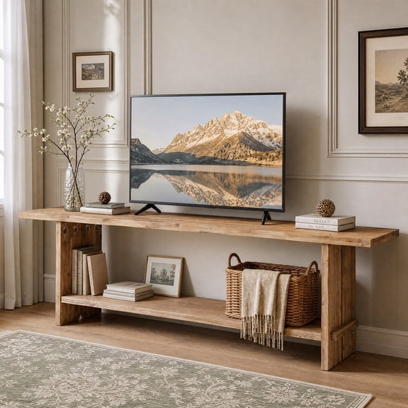 Fnova 71" Solid Wood TV Stand for 55/65/75/85" TV, 2-Tier Media Console Wood Entertainment Center for Living Room, Brown