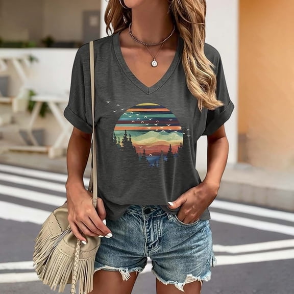 Trendfront Womens Mountain Graphic Tee V Neck Casual Short Sleeve Loose Fit Tops Trendy Fashion T Shirts Nature Pullover Daily Wear