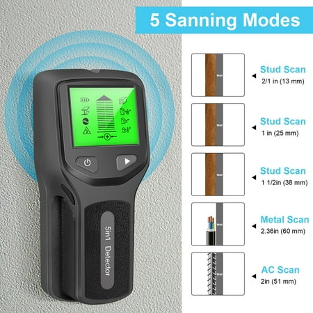 

5 In 1 Wall Stud Finder Detector Quickly Locates Wood Metal Studs Pipes Rebar Joists Live AC Wires with Large Clear LCD Display