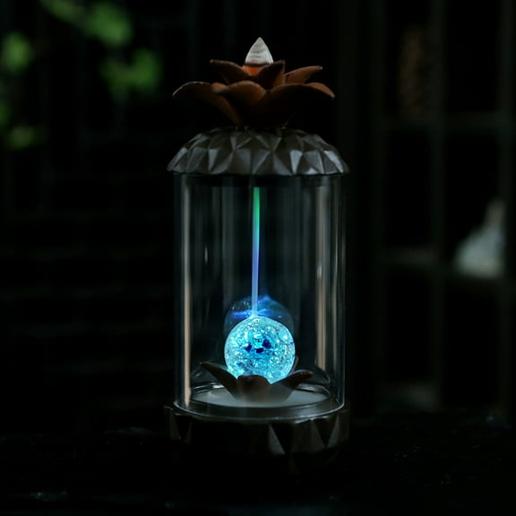 LED Incense Cone Burner Backflow Waterfall Ananas Incense Holder Acrylic Cover Aromatherapy Ornament for Meditation Room Living Room Yoga Room