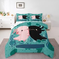 jejeloiu Cartoon Animal Axolotl Bedding Comforter Set,Pink Black Green Twin Comforter Sets,Kawaii Salamander Bedding Set,For Teens,Microfiber Bedroom Decor Reversible,2pcs