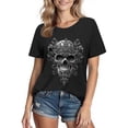 thumbnail image 2 of Xdegoge Women's Gothic Skull T-Shirt Floral Sugar Skull Graphic Tees Halloween Short Sleeve Crewneck Casual Fall Tops Vintage Spooky Holiday Shirts Punk Clothes, 2 of 3