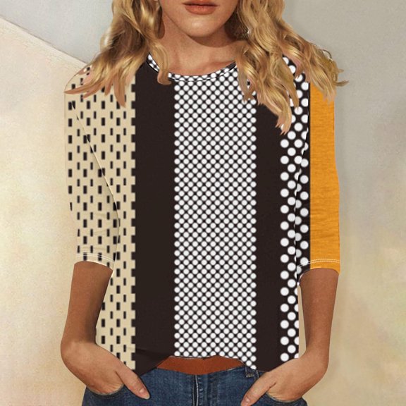 Teissuly Women's Fashion Casual Color Block Printing Round Neck 3/4 Sleeve T-shirt Top Blouse