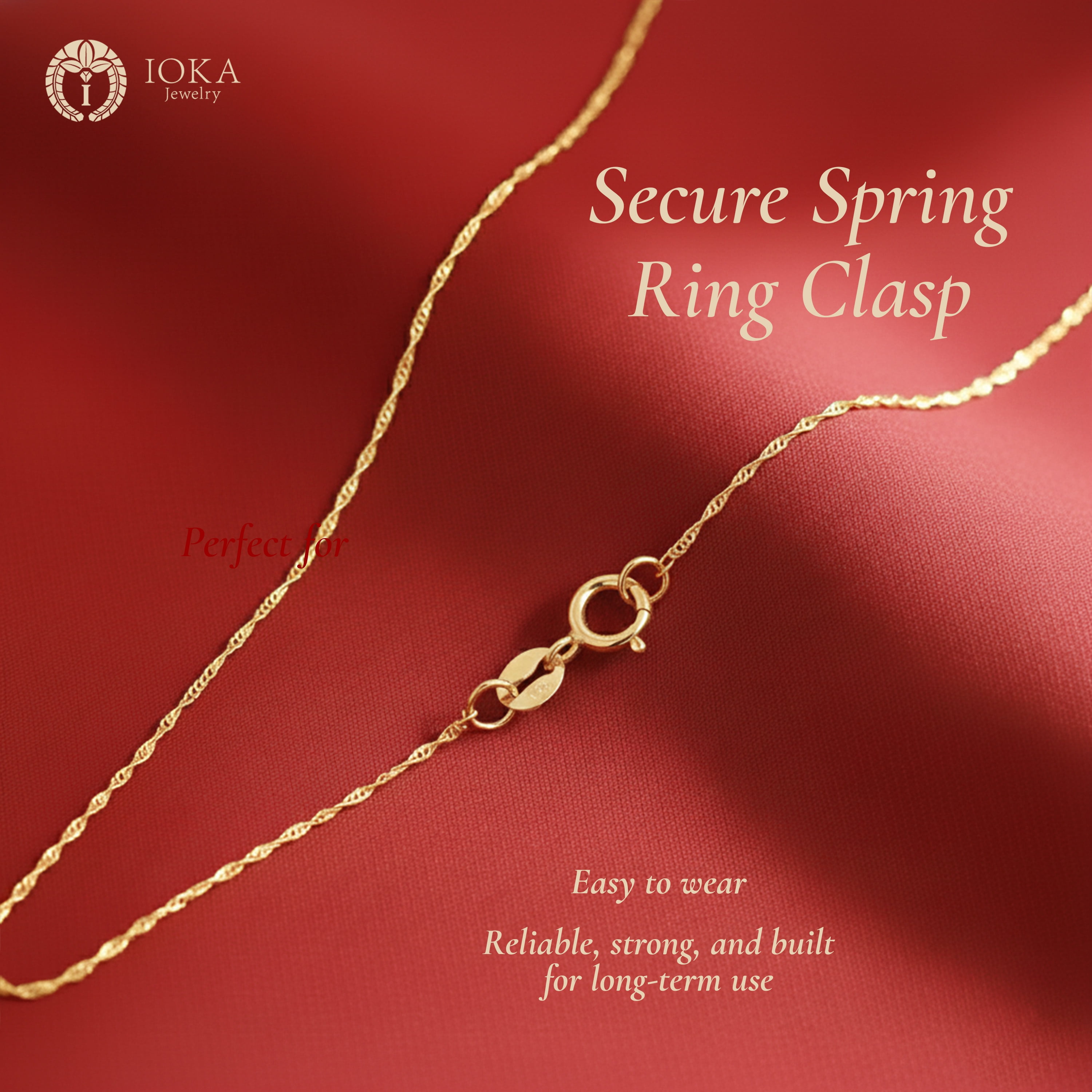 Ioka - 14K Yellow Solid Gold 0.9mm Singapore Chain Necklace with Spring Ring Clasp - 18"