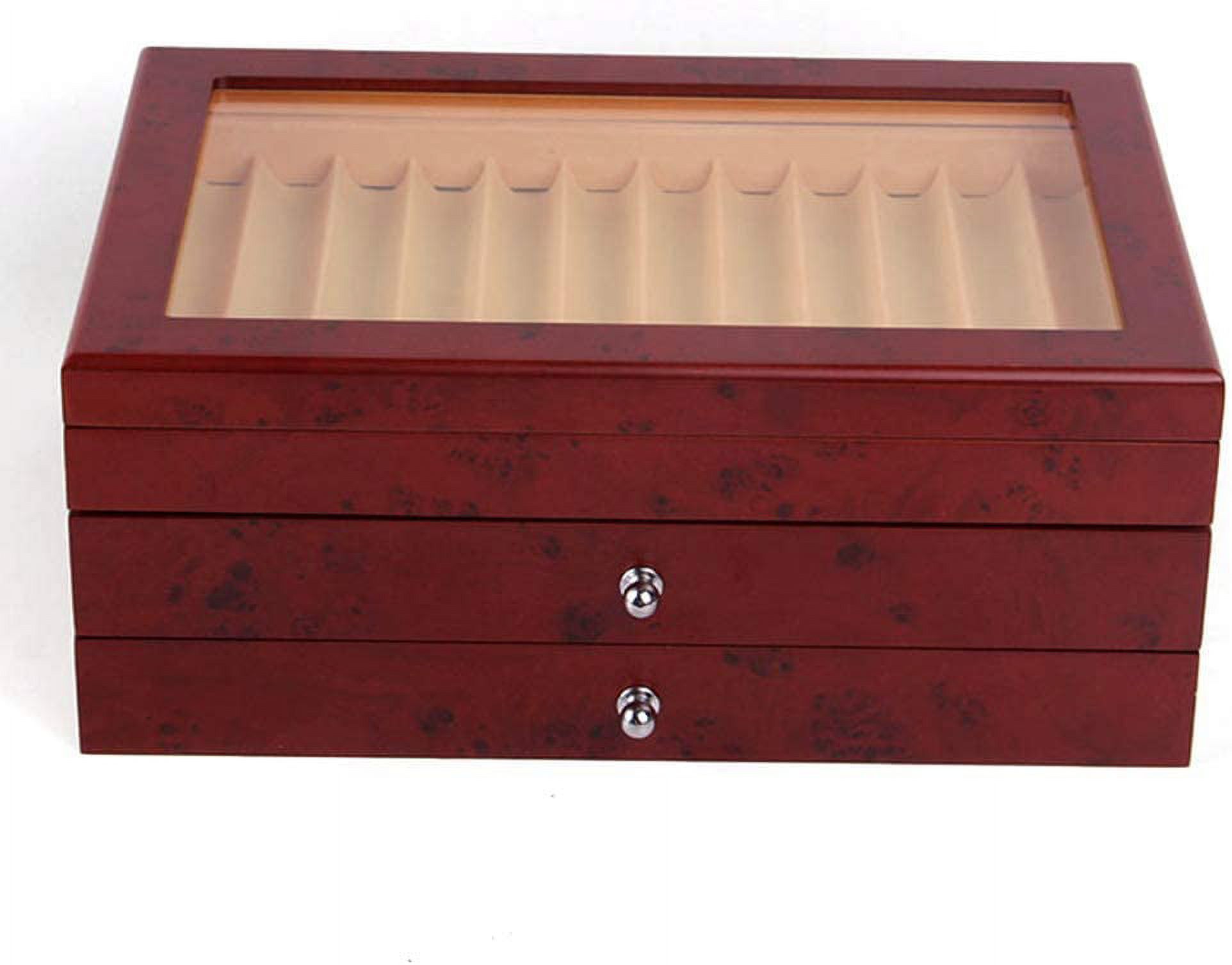 ANQIDI Pen Box 3 Layers High-grade 34 Slots Sandalwood Wood Fountain Pen Storage Collector Box with Glass Lid and Drawer (​Red)