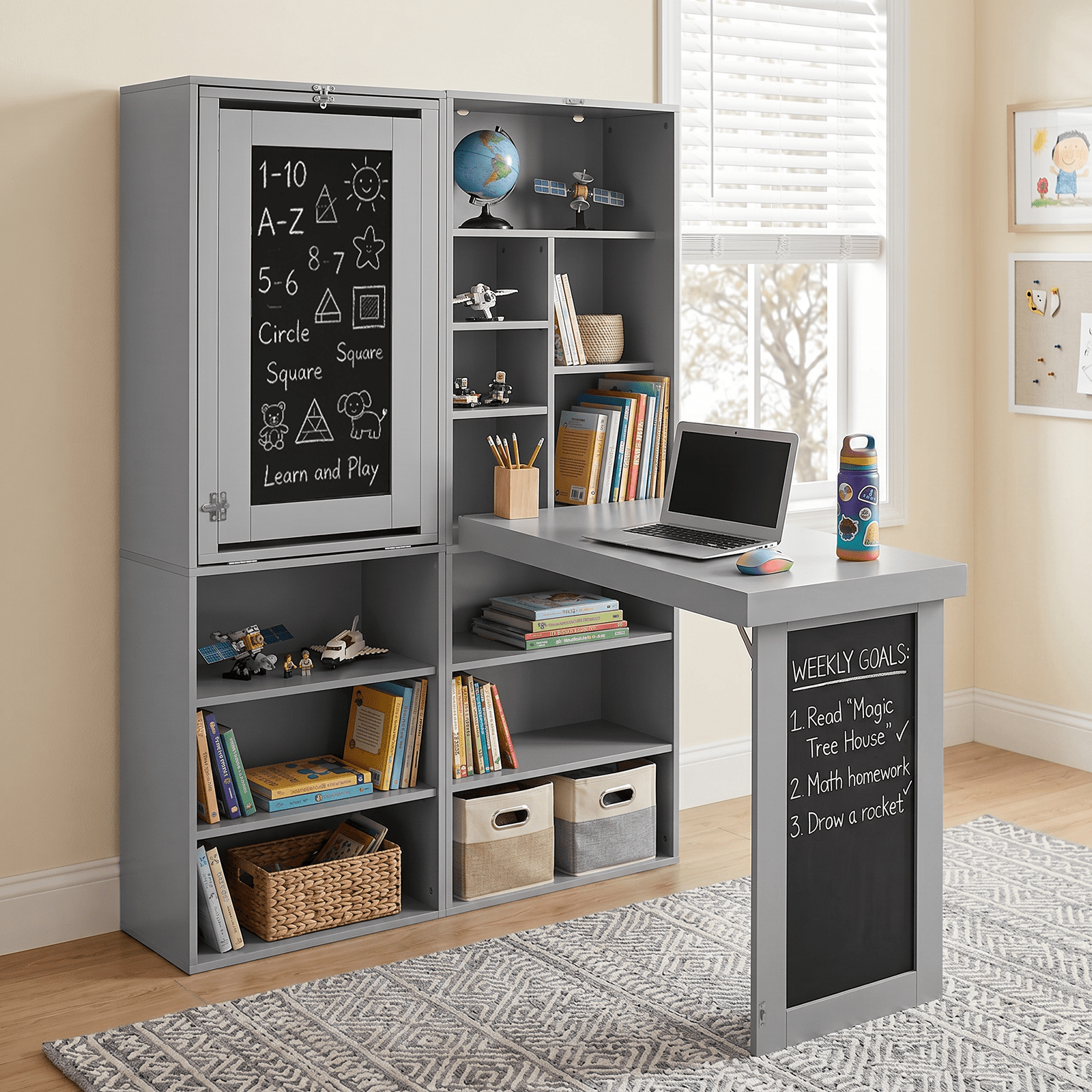 Folding Desk with Storage, Foldable Convertible Writing table with Blackboard and Shelves, Fold-Out Cabinet Table for Small Spaces/Home Office/Craft Room (Grey)