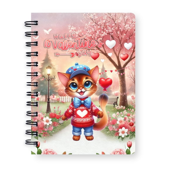 Happy Valentine’s Day Adorable Abyssinian Kitten Holding Heart Balloon Spiral Bound Journal Cat Lover Kitten Owner Gifts 5x7in Spiral Notebook - 00030