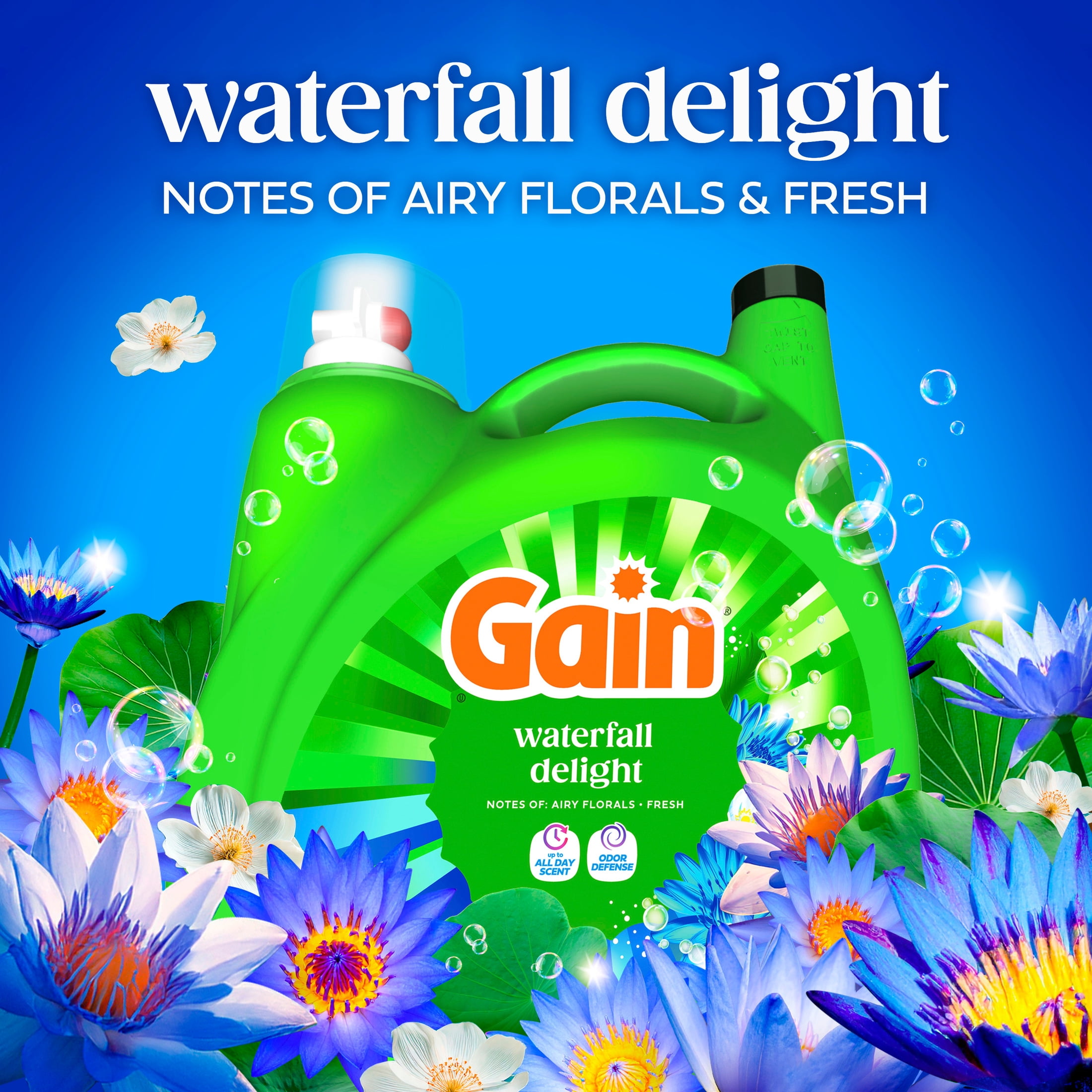 Gain Laundry Detergent Liquid, Now with Odor Defense, Waterfall Delight Scent, 177 fl oz, 134 Loads