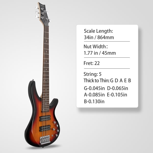 44 Inch GIB 5 String H-H Pickup Laurel Wood Fingerboard Electric Bass Guitar with Bag and other Accessories Sunset Color
