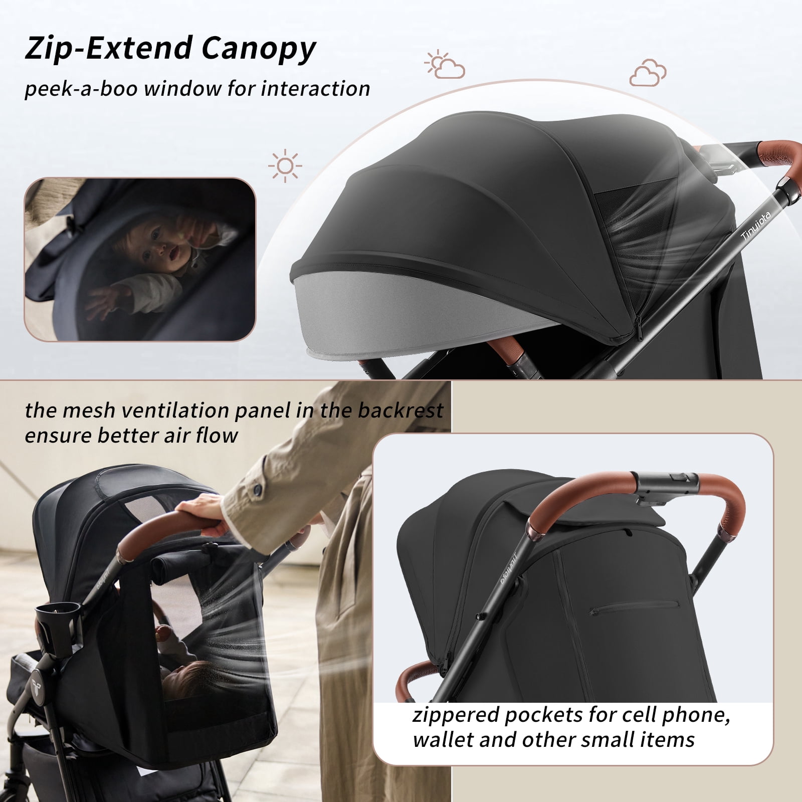 Tinyiota Baby Stroller with UPF 50+ Canopy, One-Hand Fold and Leather Handle, Black