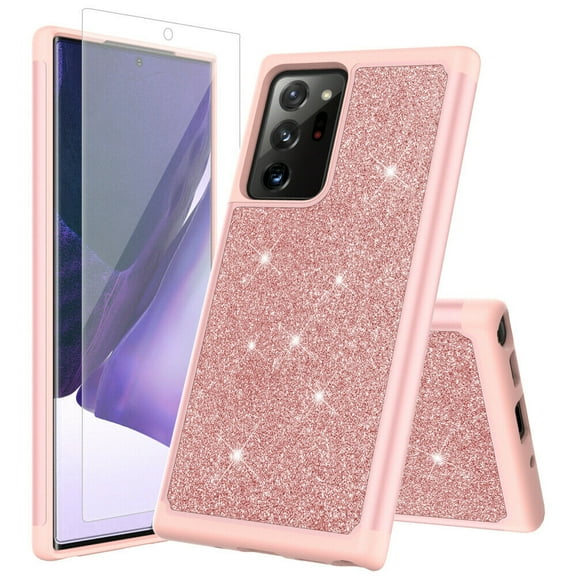 for Samsung Galaxy Note 20 Ultra Phone Case Glitter Shock proof Edge Scratch Shield Hybrid Layers Slim Bumper Cover (Rose Gold)