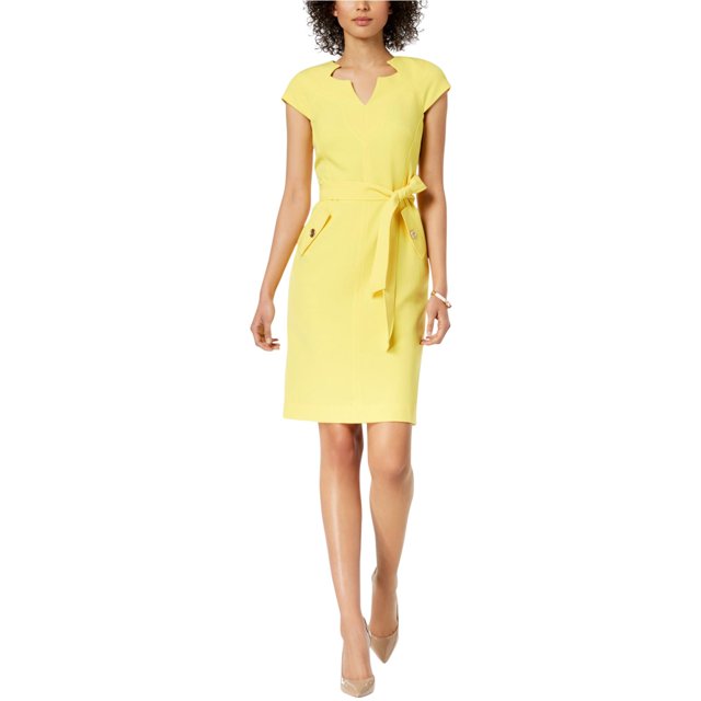 Kasper Womens Solid Belted Sheath Dress daffodil 18