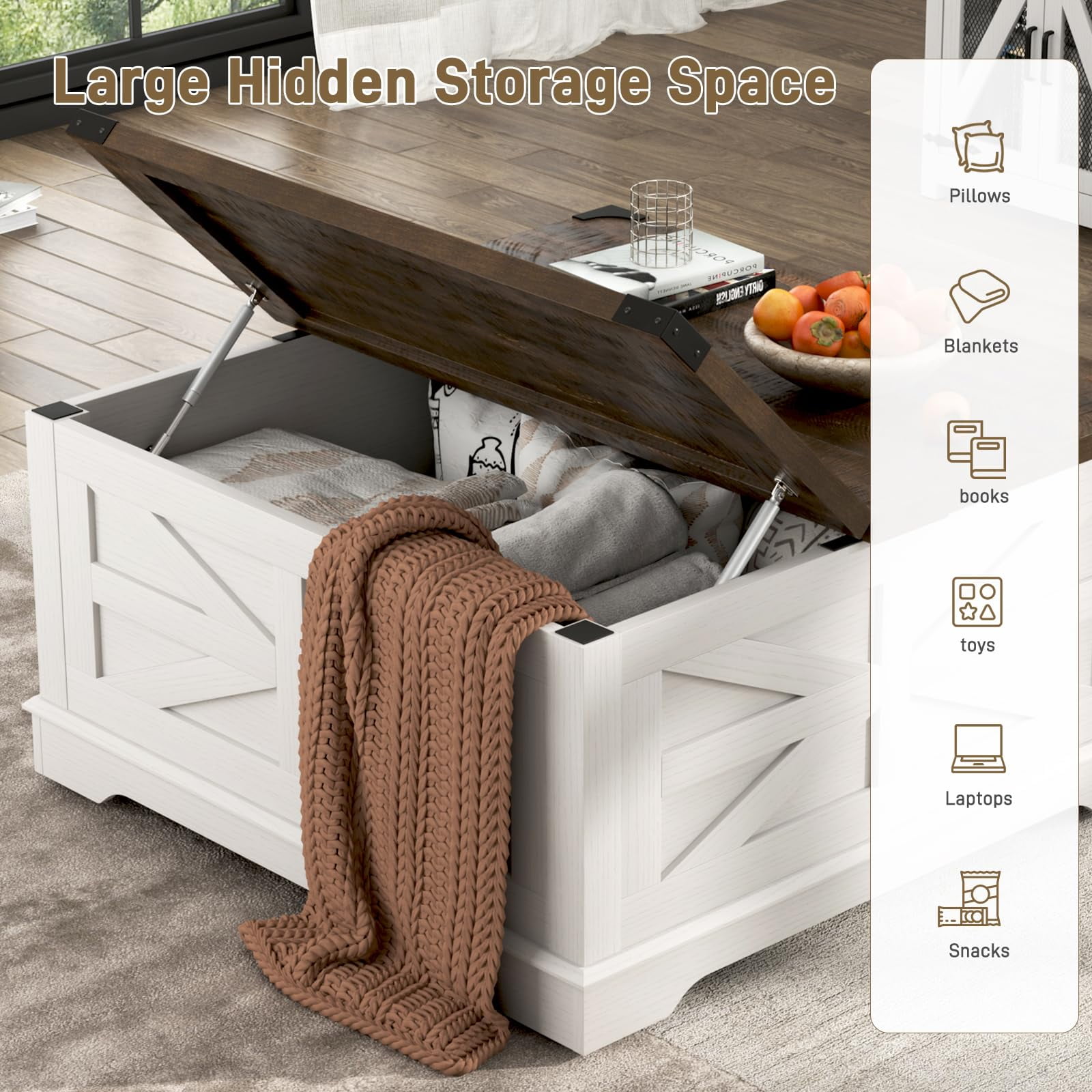 ANPOO 36” Square Lift Top Coffee Table with Power Outlets & Movable Wheels, Farmhouse Coffee Table w/Large Hidden Storage, Multi-Function Lift Wood Center Table for Home, Office,Rustic White