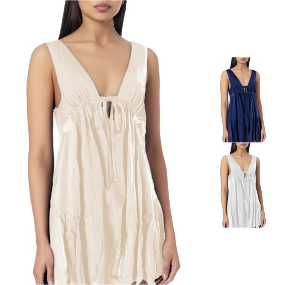 XIAONU Tie Front Mini Dress For Women Sleeveless V Neck Loose Cover Up Casual Beach Dress