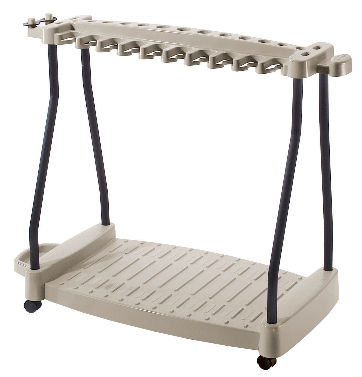 Suncast Tool Rack with Wheels – 30+ Tools – 150 lb Capacity – Steel-Core Resin Construction