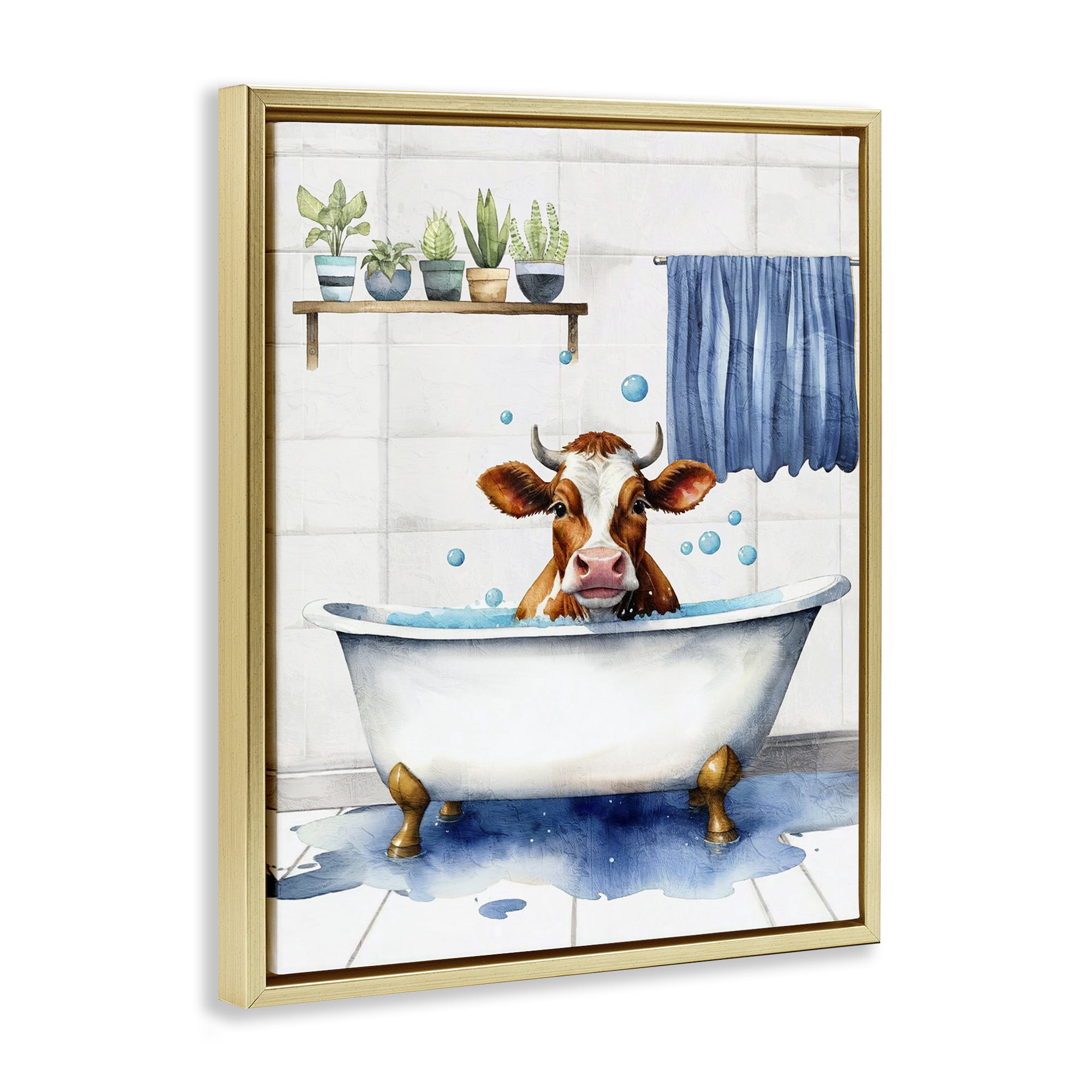 Stupell Industries Cattle Bathtime Suds Bath & Laundry Painting Gold Floater Framed Canvas Art Print Wall Art, 17 x 21