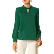 Allegra K Women's Stand Collar Pleated Button Keyhole Button Blouse S Green