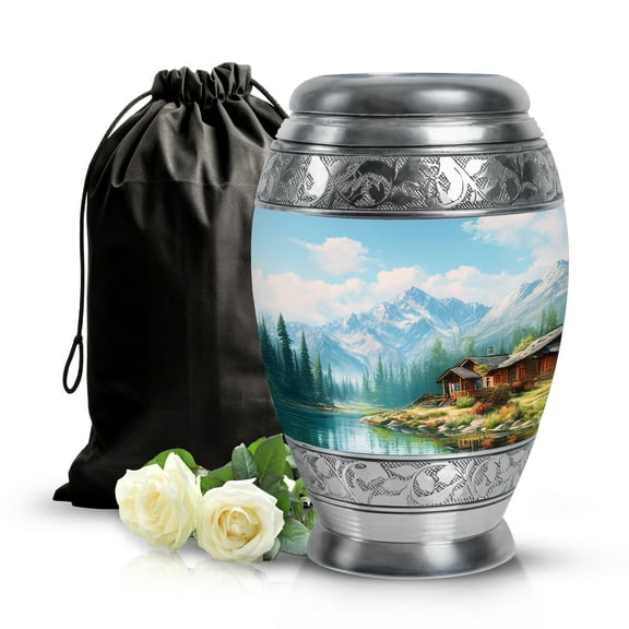 SABURIAL Mountains Urn - Burial Urn - 10 Inch - Large With Velvet Bag - Ashes Urns Human Remains - Cremation Urns For Adult - Funeral Ashes For Male & Female