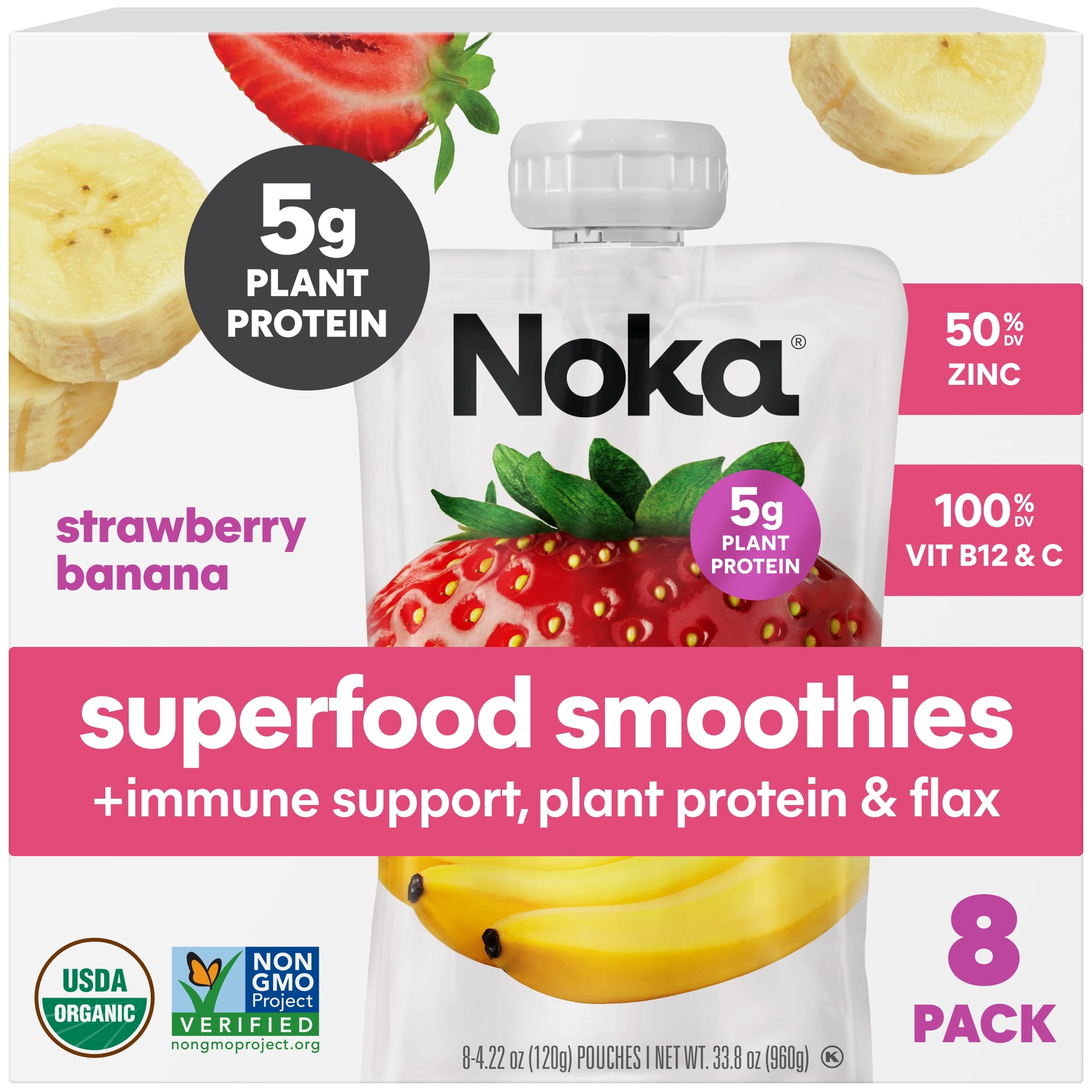 Noka Organic Superfood Smoothie Pouches, Plant Protein, Strawberry Banana, 4.22oz, 8 pack