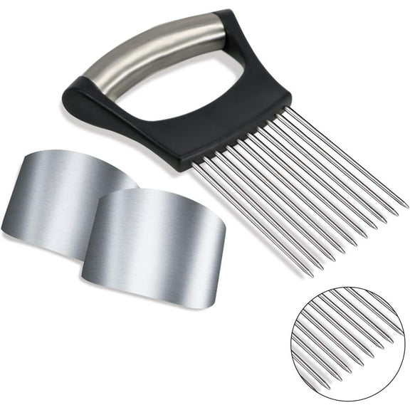 1PCS Stainless Steel Onion Holder Slicer, 2PCS Finger Guard, Holder Slicer for Vegetables, Tomato, Lemon, Meat