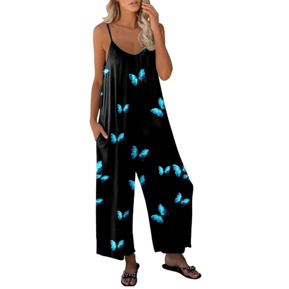 TIHLMK Womens Rompers Women's Casual Jumpsuits Summer Sleeveless Printed Loose Jumpsuit Wide Leg Pant Romper With Pocket Gifts for Women