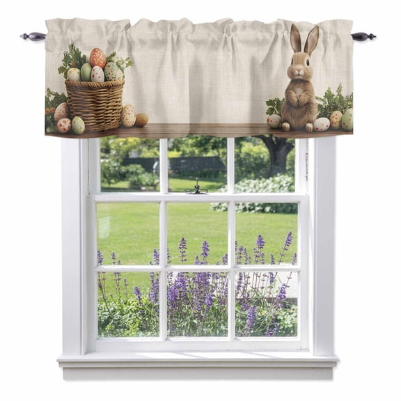 Easter Bunny Kitchen Curtain Valances for Windows Farmhouse Short Curtains, Simple Retro Spring Rabbit Eggs Plants Rod Pocket Valance Curtain for Bedroom Cafe Living Room