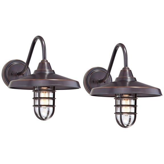 John Timberland Marlowe Rustic Industrial Outdoor Wall Light Fixtures Set of 2 Painted Bronze Hooded Cage 13" Clear Glass for Exterior