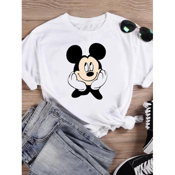 Disney Cartoon Clothing Casual Tee Shirt Mickey Mouse Women Holiday Summer Short Sleeve Print Fashion Graphic T-shirtsL Gao Jinjia LED