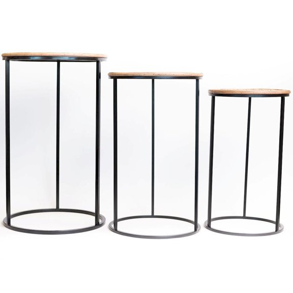Set Of 3 Brown Patterned Bamboo Tops On Metal Frames Plant Stand
