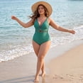thumbnail image 3 of GRACE & GRANDEUR Women's Plus Size 1 Piece Swimsuit Mesh V Neck Tummy Control Push Up High Waisted Bathing Suit Beach Summer Swimwear Set 1X Dark Green, 3 of 8