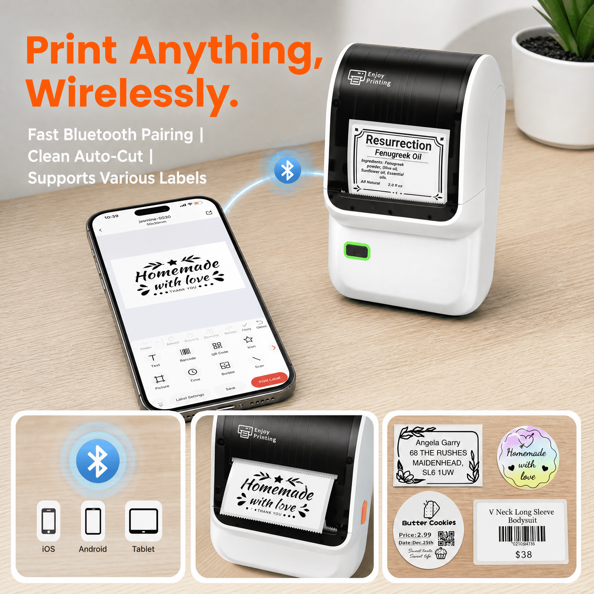 Phomemo M100 Label Maker with 100 Labels,Thermal Bluetooth Label Printer,No Ink 2 inch Barcode Printer with App Control, for Small Business, Clothing Tags,Round Gift Stickers(White)