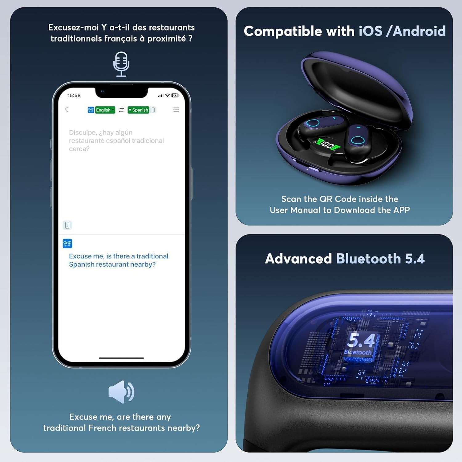 168 Languages AI Live Translation Earbuds, 4-in-1 Smart Mode Bluetooth 5.4 Touch Screen Earphones Real-Time Headphones Translator, Fit iOS and Android Ideal for Business and Learning