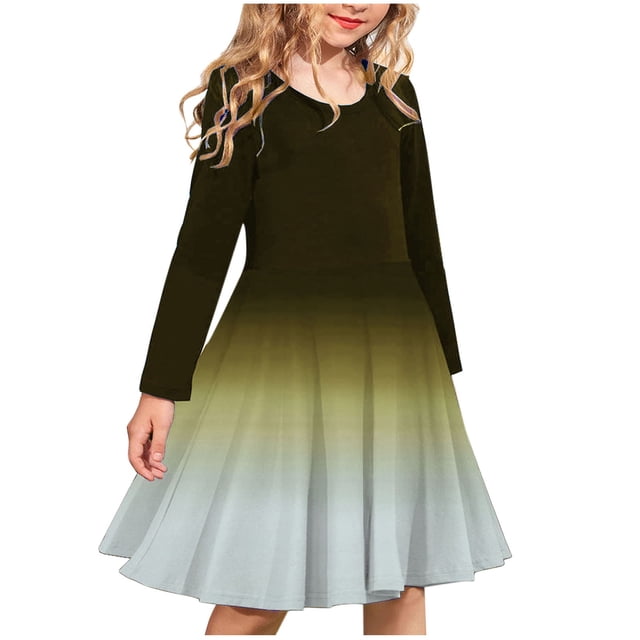 Odeerbi Niñas Manga Larga Ballet Skater Vestido Gradient Stretchy Twirly A Line Vestido Escuela Recital Cuello Redondo Vestido
