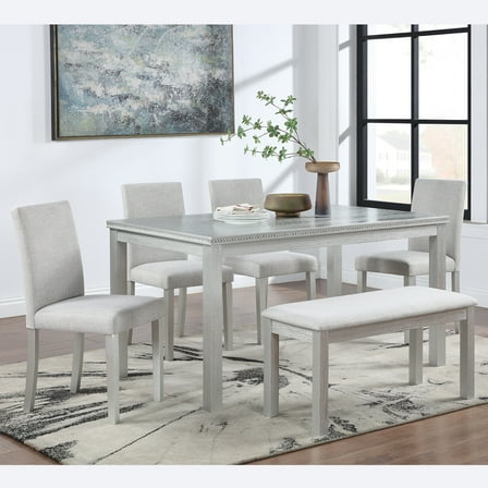 6-Piece Wooden Dining Set, Rectangular Table with 4 Upholstered Chairs & Bench, 6-Person Set, Crystal Decoration, Silver Grey, for Kitchen, Dining Room