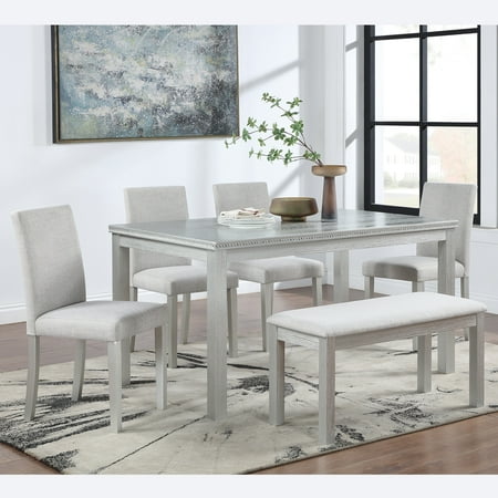 Dining Table Set 6-Piece Solid Wood and MDF Rectangular Kitchen Set with 4 Upholstered Chairs and Bench Crystal Diamond Decoration Silver Grey 58.5 L x 34.5 W x 30 H Dining Room